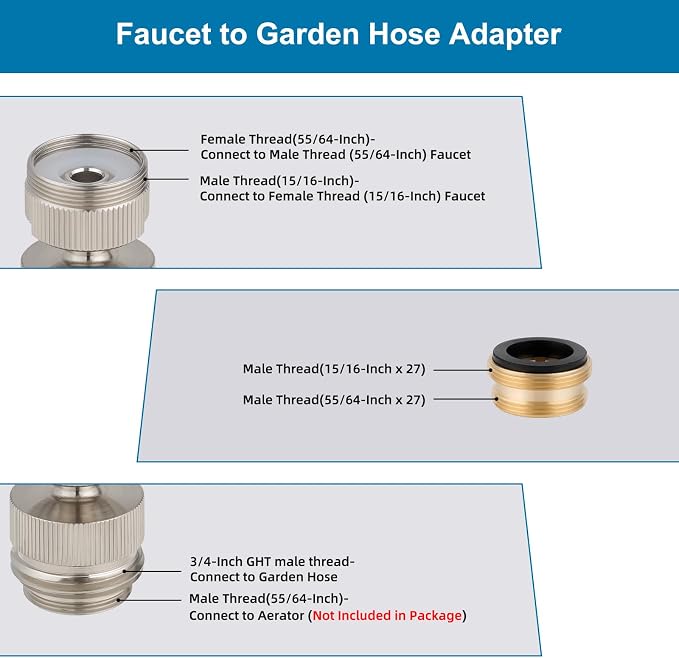 Hibbent Faucet Adapter Kit, Swivel Aerator Adapter to Connect Garden Hose - Multi-Thread Kitchen Sink Faucet to Garden Hose Adapter 3/4 Inch - Brushed Nickel