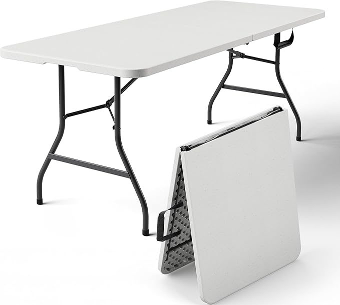 Folding Table 6FT Heavy Duty Plastic Table with Handle, Foldable&Portable, Fold-in-Half Utility Tables for Outdoor, Dining, Wedding, Events, Indoor, Picnic, Camping, Party, White