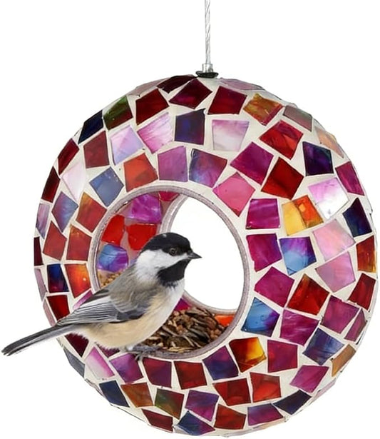 Lily's Home 6 Inches Glass Mosaic Hanging Bird Feeder for Outdoors Fly-Through Large Bird Feeder for Outdoor Garden Decor Backyard, Excellent Gift for Animals Lovers, Purple, Pink and Red