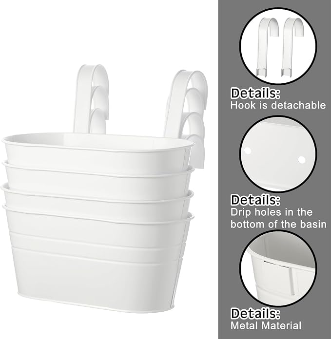 Hicarer Metal Hanging Flower Pots for Railing Fence, Large Hanging Rail Planters for Outdoor Window Balcony Plants Holder with Hooks for Garden Yard Home Decor(White,4 Pcs)