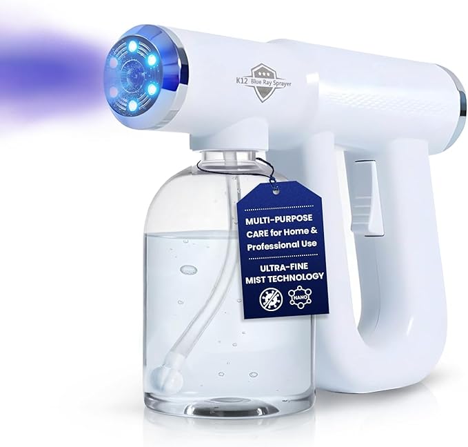 Professional K12 Nano Spray Gun with Blue Light, Atomizer Sprayer & Nano Steam, Cordless & Rechargeable Barber Spray Gun for Fine Mist Sprayer, Handheld & Portable for Home, Salon, Office & Travel Use