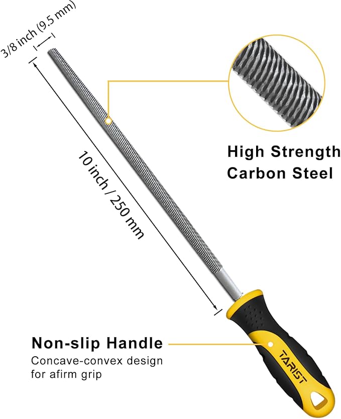 TARIST 10 inch Round Metal File, Professional Carbon Steel rat tail file 3/8 inch, Tool Sharpener for Professionals and DIY