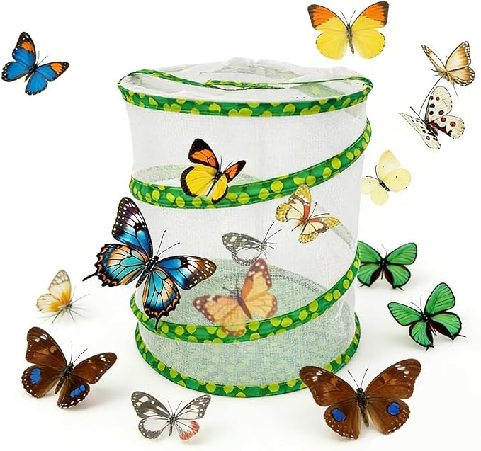 Pop-up Insect and Butterfly Habitat Cage Growning Garden Washable, Reusable, Folds Flat Dragonfly Caterpillars Mesh Cage Feeder Butterfly Growing Kit (Large)
