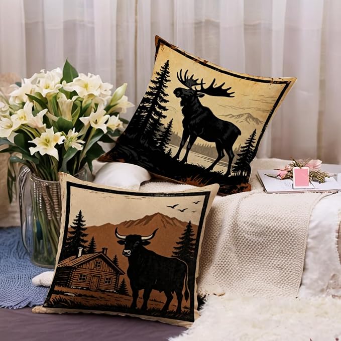 Vintage Wildlife Animal Pillow Covers 18x18 Inch Set of 4, Bear Moose Wolf Cabin Decor Throw Pillow Cases,Farmhouse Rustic Forest Sunset Cushion Covers for Living Room Sofa Lodge Home Decor(Brown)