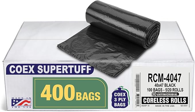 Aluf Plastics - 3 Ply Trash Bags, 45 Gallon, 1.25 Mil (eq), 40"x47", Black, 400 Count (20 Rolls of 20)