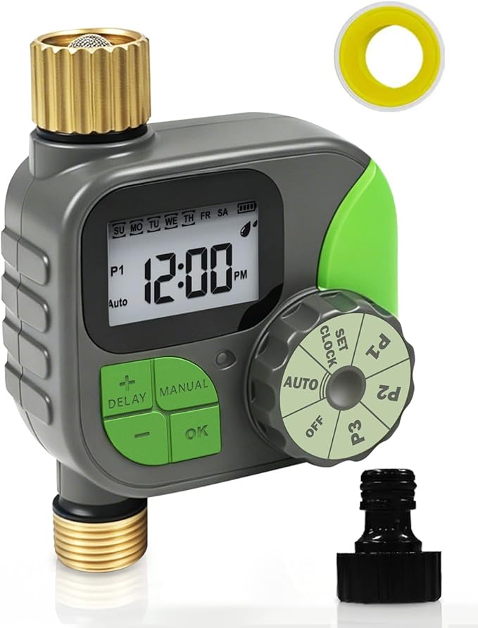 Brass Sprinkler Timer, IP55 Programmable Hose Water Timer with 3 Watering Program, Digital Watering System with Rain Delay & Manual Override, for Garden, Lawn, Yard Care - Green