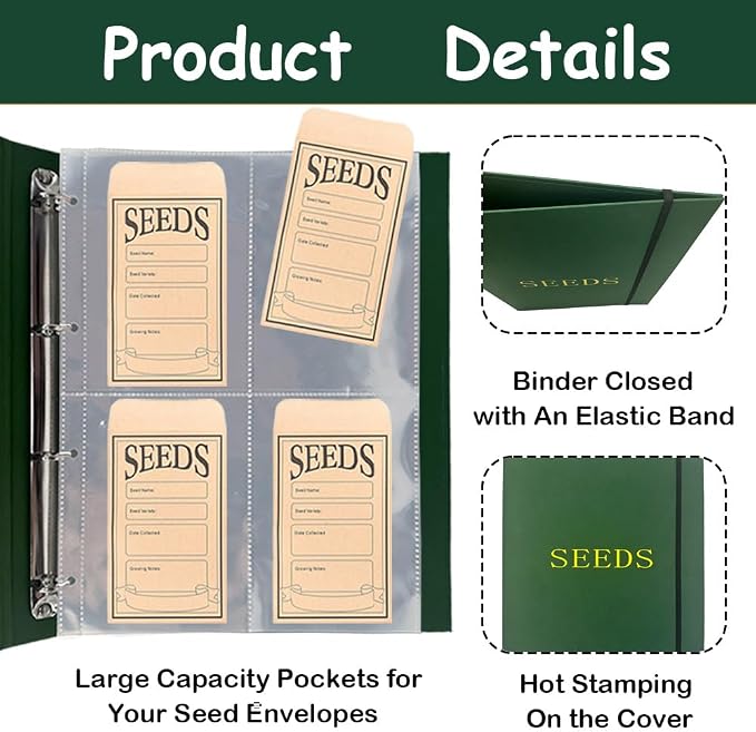 Extra Large Seed Storage Organizer Binder,3 Ring Seed Packet Organizer with 200 Pockets(50 Pack Clear Sheet Protectors), Garden Seed Holder Book for Envelopes, Seed Saving Keeper, Green