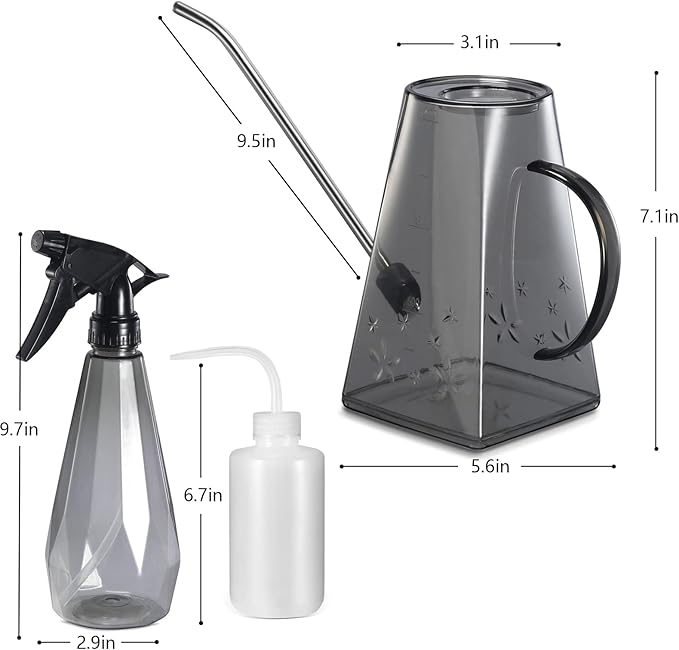 Goowin Watering Can Indoor Plants, 47 oz Long Spout House Plant Flower Watering Can, Creative Wide Opening Plastic Watering Can with 16 oz Spray Bottle & 8.5 oz Squeeze Bottle, Grey