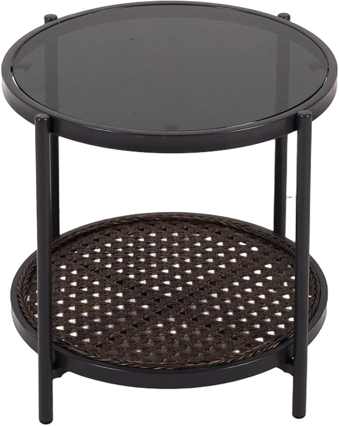 Outdoor Rattan Coffee Table - Patio Wicker End Table with Extra Storage Shelf, Rattan Outdoor Side Table with Round Glass Tabletop for Garden, Backyard, Porch, Black Gold