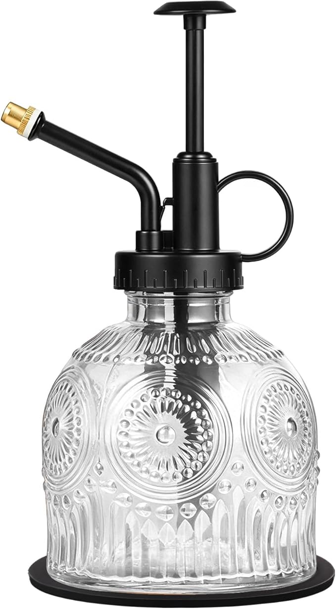 Amolliar Glass Plant Mister Spray Bottle, Vintage Refillable Leak Proof Watering Can for Indoor Plants, Houseplants, Gardening, Cleaning, Hair & Pet Care with Mist Nozzle (Clear-Black Pump)