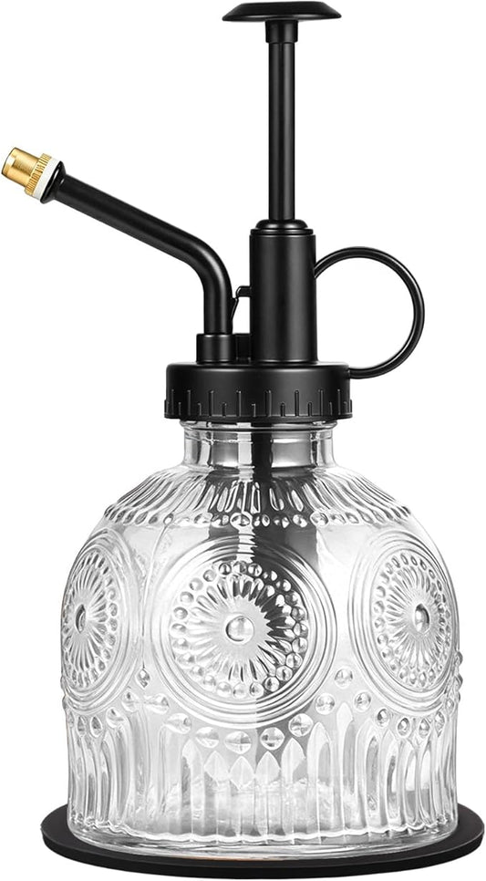 Amolliar Glass Plant Mister Spray Bottle, Vintage Refillable Leak Proof Watering Can for Indoor Plants, Houseplants, Gardening, Cleaning, Hair & Pet Care with Mist Nozzle (Clear-Black Pump)
