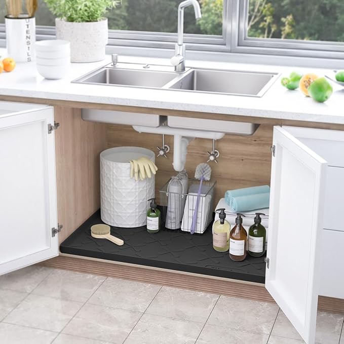 SIKADEER Silicone Under Sink Mats for Kitchen Waterproof 34" x 22", Raised Edge Cabinet Protector Shelf Liner, Pet Feeding Mat Boot Tray Home Organizers and Storage Kitchen Essentials