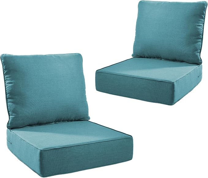 6" Thicker Outdoor Chair Cushion 2 Sets - 22" *24" *6" Waterproof Patio Furniture Cushions with Removable Cover, 28D High Density Sponge Filling Thicken Outdoor Patio Cushions - Peacock Blue