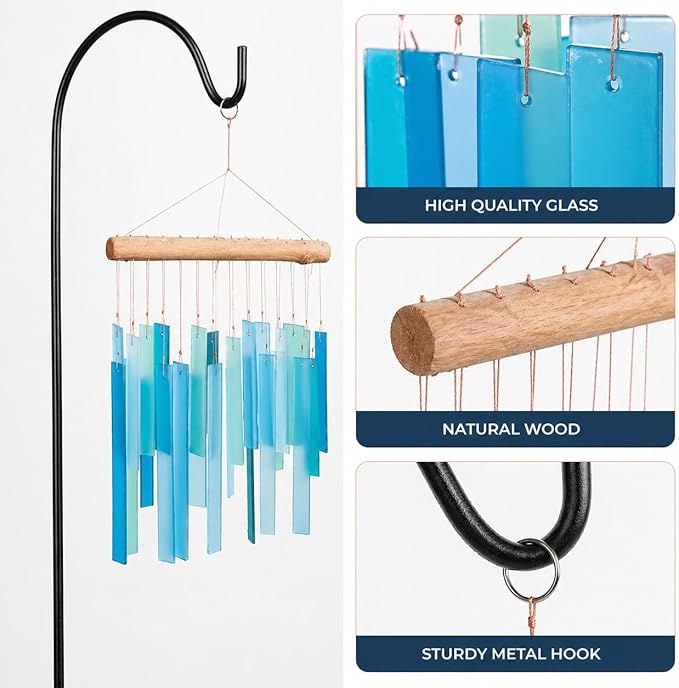 Solange & Frances Glass Wind Chimes for Outside. Handmade Hanging Wind Chimes Coastal Beach Decor with Natural Driftwood Top, Outdoor Decor Gift for Women, Gifts for Mom, Birthday Gifts for Women