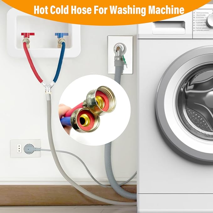 2 PACK, Rubber Hot Cold Washer Hose Y Mixer Plumbing Connector Burst Proof Water Supply Hoses For All Washing Machine and Dryer, 3/4" Fittings, 1 FT Length
