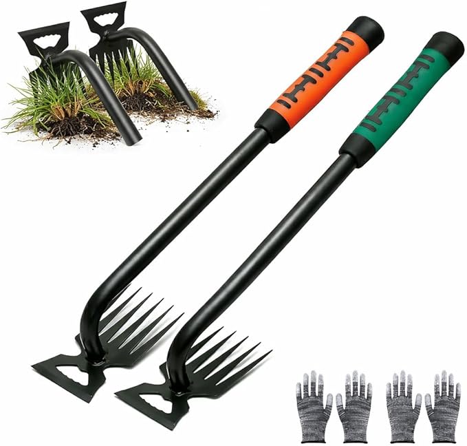 2 Pack Weeding Tools, 6-Tooth Manganese Steel Manual Weeder & Digging Tool with Ergonomic Rubber Grip, Multi-Functional Gardening Hand Tools for Removing Dandelions, Thistles & Yard Weeds