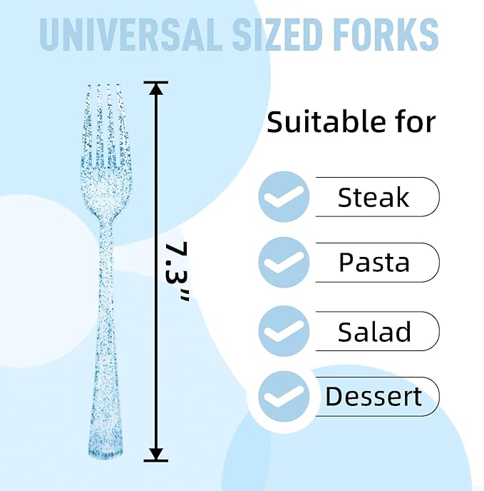 50 Pcs Blue Plastic Forks Blue Glitter Silverware Heavy Duty Plastic Utensils Disposable Cutlery Set for Brithday, Baby Shower, Picnic