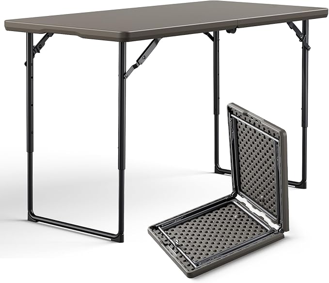 Folding Table 4FT Heavy Duty Plastic Table with Handle, Foldable&Portable, Fold-in-Half Utility Tables for Outdoor, Dining, Wedding, Events, Indoor, Picnic, Camping, Party, Khaki