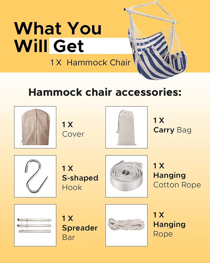 ADVOKAIR Hammock Chair Swing, Heavy-Duty Hanging Rope Swing Seat Supports 500 Lbs, Ideal for Outdoor Patio, Backyard, Porch, Deck & Indoor Bedroom Use