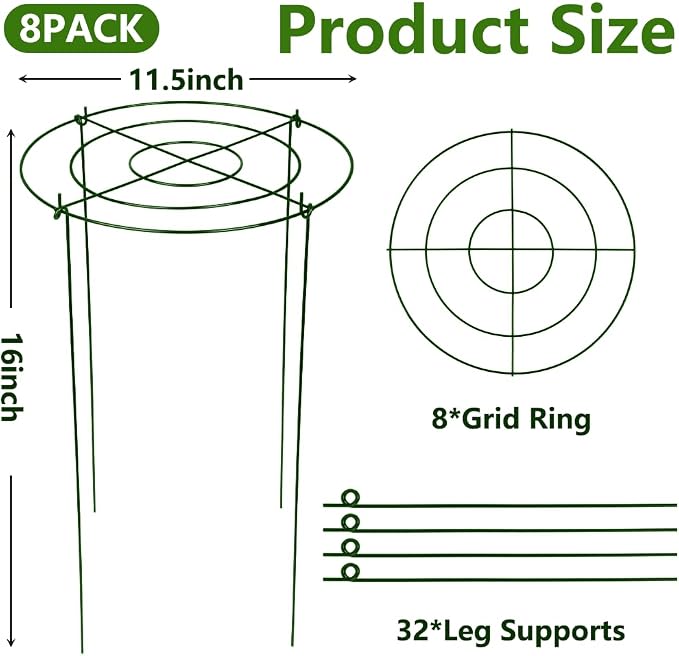 DAYUMKOU 8 Pack Peony Cages and Supports, 11.5" D x 16" H Plant Supports for Outdoor Plants, Heavy Duty Metal Peony Support Cage Flower Support Rings for Rose Hydrangea Strawberry