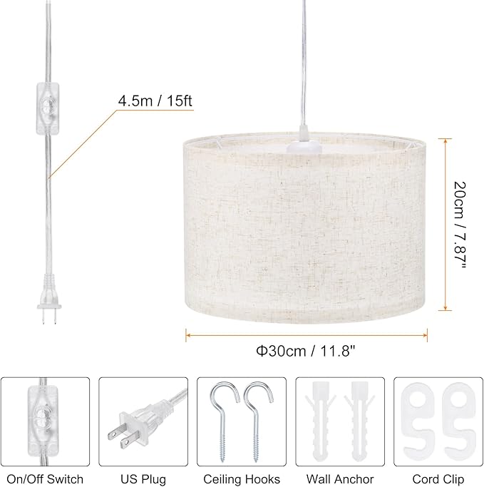 PATIKIL Plug in Pendant Light, 15Ft Rope Cord Hanging Lamp Fixture with ON/Off Switch, Linen Fabric Shade E26/E27 Bulb Socket for Bedroom Kitchen Living Room, Beige