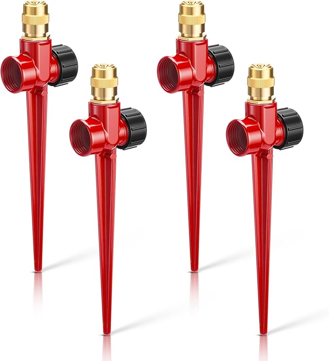 Tioncy 4 Pack Metal Lawn Sprinkler Automatic Garden Water Sprinkler on Spike Base 360 Degree Rotation with Adjustable Brass Nozzle for Lawn Garden Yard (Red)