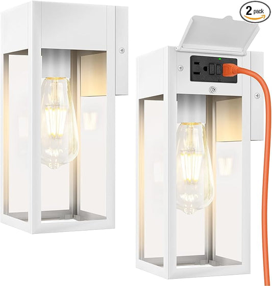 2 Pack Porch Lights Outdoor Wall Sconce, Outdoor Light with GFCI Outlet, Waterproof Exterior Wall Lantern Light Fixtures, Anti-Rust Wall Lamp with Clear Glass for Patio Doorway Garage- White