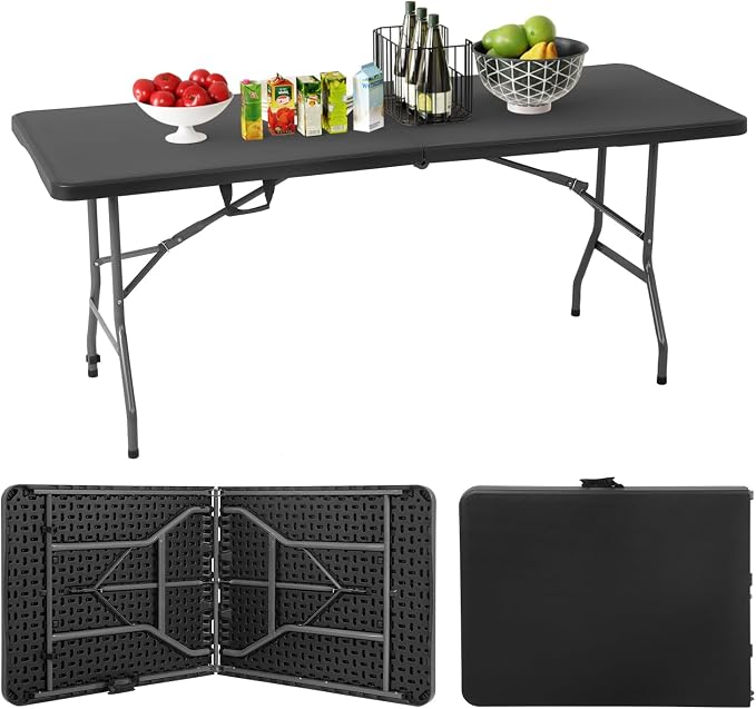 PayLessHere | 6FT Folding Table | Black | Portable Plastic Table with Carry Handle | Waterproof & Foldable Table Design | Steel Frame with Lock | for Events, Camping, Indoor & Outdoor Use