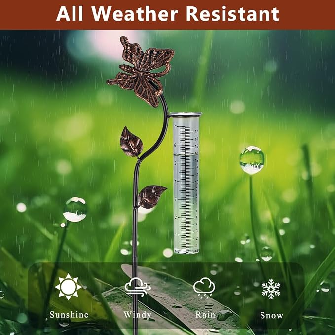 Butterfly Rain Gauge Outdoor, Metal Rain Gauge with 7-Inch Glass Tube, Decorative Rain Water Gauge for Garden, Yard, Lawn
