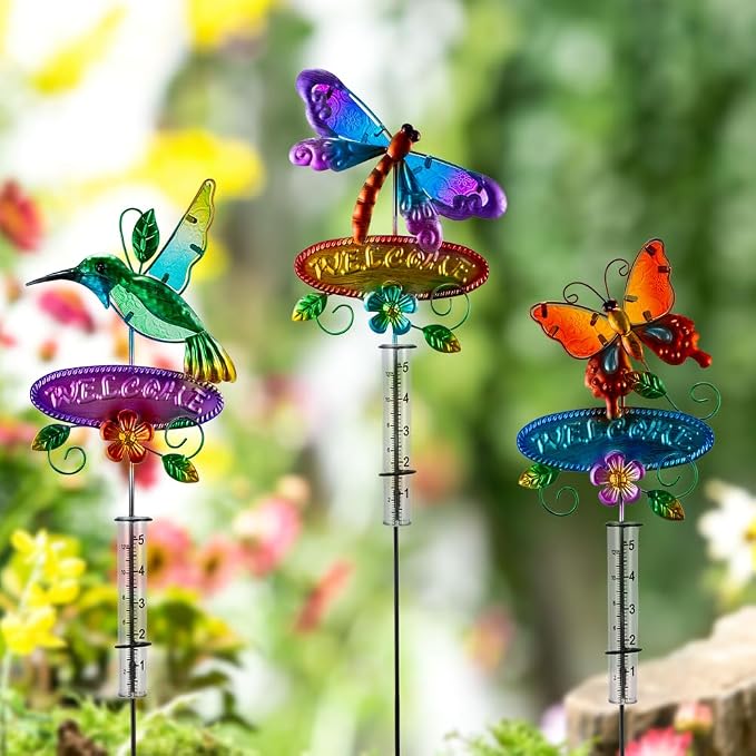 Rain Gauge Outdoor, 3 Pcs Hummingbird & Dragonfly & Butterfly Rain Gauges with 5" Plastic Tube, Decorative Garden Stakes with Welcome Sign for Spring Yard Patio Decor