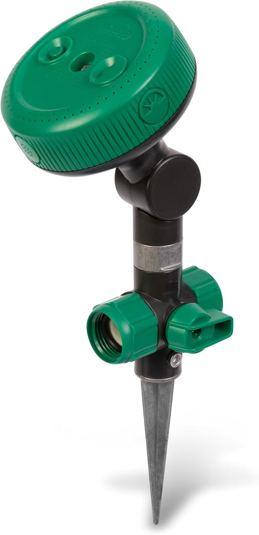 Gilmour Adjustable Spot Sprinkler with Spike Base, Pivoting Multi Pattern Sprinkler Head for Targeted Coverage in Flower Beds and Vegetable Gardens
