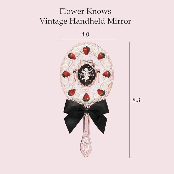 Flower Knows Strawberry Cupid Hand Mirror,Vintage Handheld Mirror,Fancy & Pretty Princess Mirror with Long Handle,Gift for Girls & Women(Milky Shake)