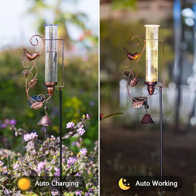 Rain Gauge Outdoor, Solar Rain Gauges with 7" Plastic Tube, Hummingbird Metal Rain Gauge with Decorative Bell for Garden Yard Lawn Decor