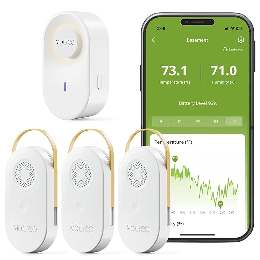 MOCREO WiFi Thermometer Hygrometer, 2000ft Long Range Temperature Humidity Sensor Monitor with Remote App Alerts, Hub with Night Light & 2-Year Data Export, for Home, Greenhouse, Reptile Tank 3 Pack
