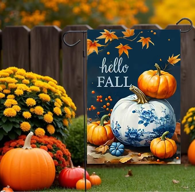 Hello Fall Garden Flag 12x18 Double Sided, Burlap Seasonal Thanksgiving Autumn Blue Pumpkin Garden Flags Fall Decorations for Home Outside Porch Garden Decor, Small Decorative Outdoor Yard Lawn Flags