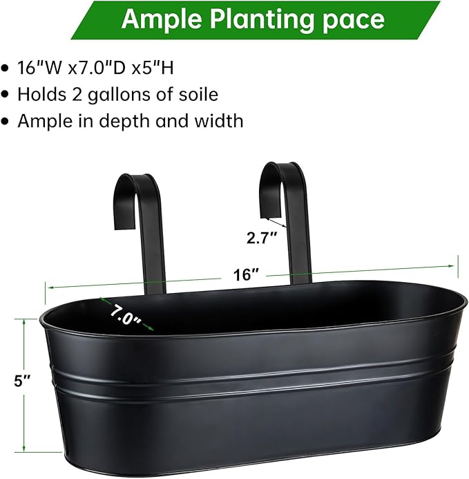 OGIMA Railing Planter Box, 3 Pack 16" Large Hanging Planters for Outdoor Plants with Detachable Wide Hooks for 2.7'' Railings, Balcony Planters Railing Hanging for Deck, Fence & Patio Decor