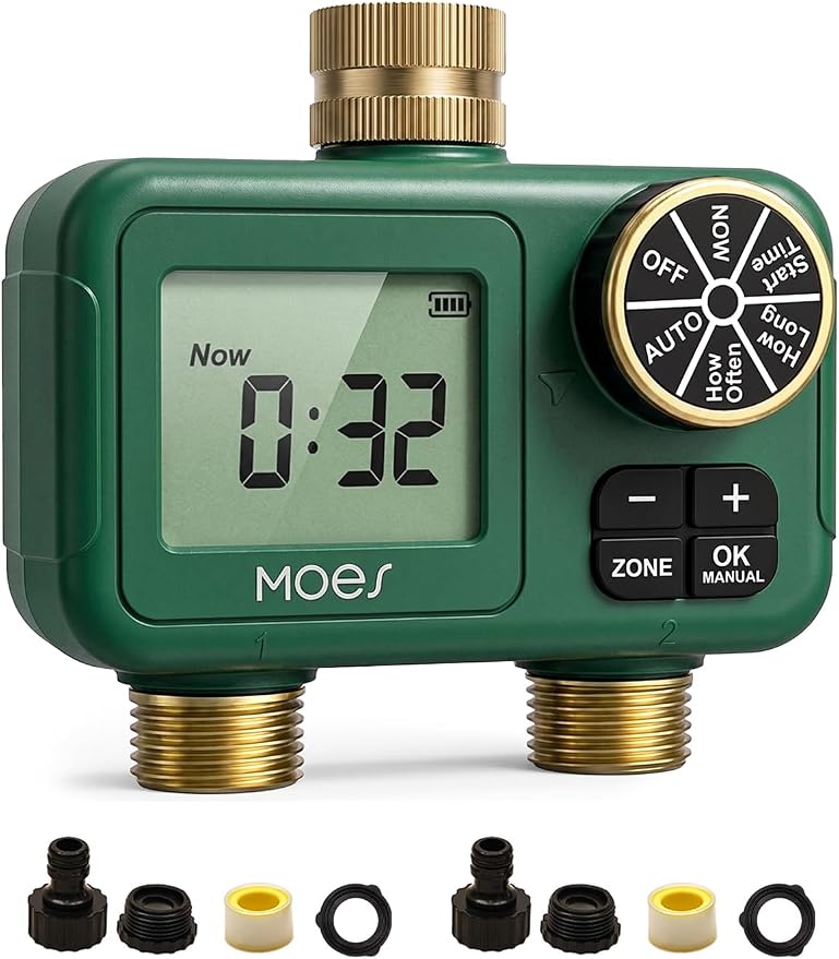MOES 2-Zone Water Timer for Garden Lawn Hose — 3/4" Brass Inlet & Outlets, Independent Dual-Outlet Sprinkler Timer, Programmable Irrigation Controller with Rain Delay & Manual Mode, Battery Powered