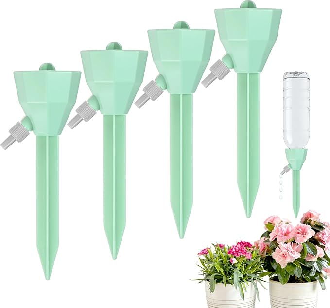 M METERXITY 4-Pack Self Watering Spikes for Plants, 5.3 Inch Plastic Plant Watering Devices with 4 Stoppers for Indoor/Outdoor Pots, Garden Water Planter System [Green]