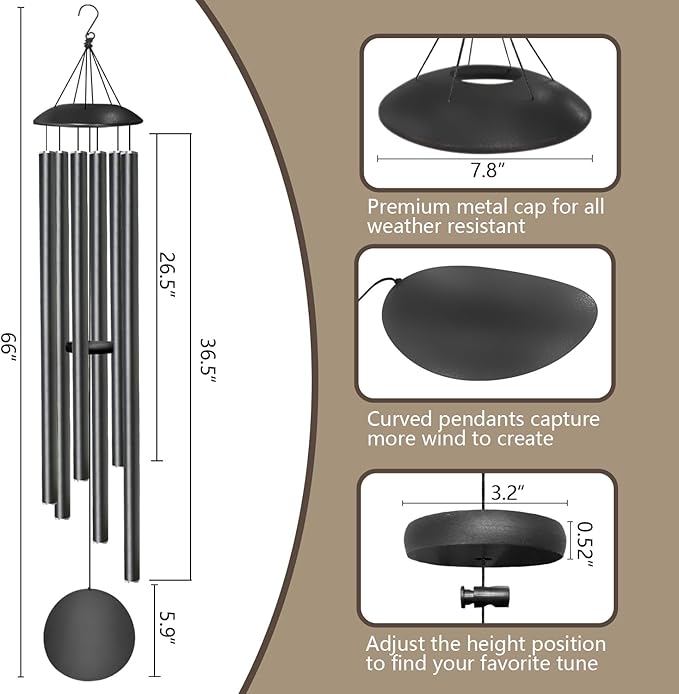 66" Wind Chimes for Outside Deep Tone - 6 Thicken Tubes Large Wind Chimes for Outdoor, Gifts for Mothers Day, Women, Mom, Grandma, Sympathy, Big Windchimes for Garden and Patio (Black)