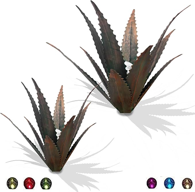 2 PCS Metal Agave Sculpture Decoration, Vintage Country Hand-Painted Sculpture DIY Metal Agave Plant, Home Garden Courtyard Lawn Outdoor Decoration (Serrated Antique Bronze Color)