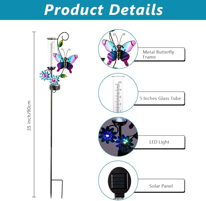 Butterfly Rain Gauge with 5 Inch Glass Tube, Solar Rain Gauge with LED Lights Rain Water Gauge Decor for Patio, Garden Yard, Measuring Precipitation