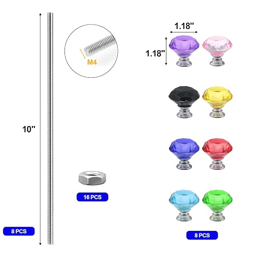 32 Pack 8/32 Stainless Steel Threaded Rods for Beads with Crystal Knobs, Include 8 Pcs M4 Fully Threaded Rod with 16 Pcs M4 Hex Nuts and 8 Pcs Mixed Color Crystal Knobs Set(10inch)