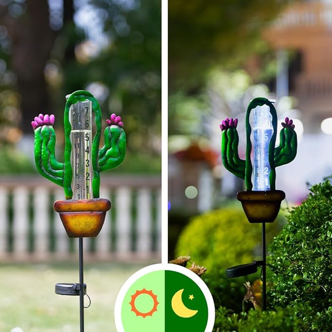 Stargarden Solar Rain Gauge Outdoor, Cactus Solar Powered Rain Gauge, 7 Inch Tube Rain Measure Gauge with Metal Stake, Decorative Rainfall Measurement for Lawn, Patio, Yard, Garden