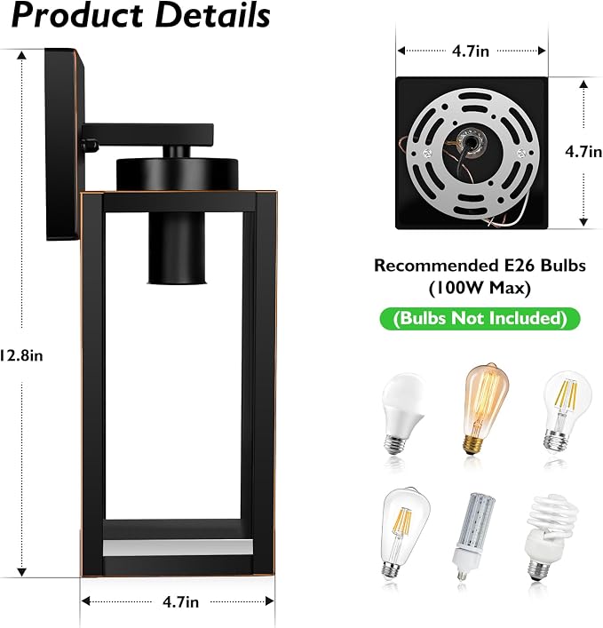 BesLowe Outdoor Wall Light Fixtures, Exterior Waterproof Wall Lanterns, Porch Sconces Wall Mounted Lighting with Glass Shades, Modern Wall Lamps for Garage Front Door Entryway, Black with Gold Trim