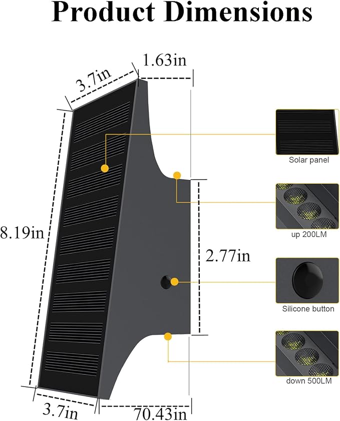 SOTTLOT Solar Outdoor Lights, 3000K 700LM Solar Wall Lights Outdoor Up and Down, Dimmable Solar Sconce Lights, IP65 Waterproof Outdoor Solar Lights for Yard Patio Garage Porch, 1pcs