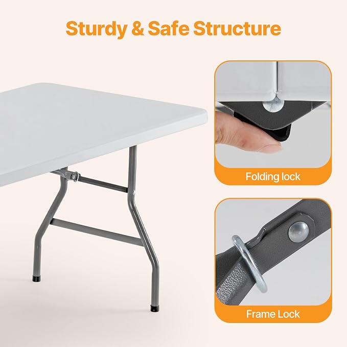 NEWBULIG 8 FT Foldable Table Easy to Fold and Store, Folding Picnic Table for Picnic Camping Kitchen Dining Party Outdoor Indoor with Carrying Handle, White