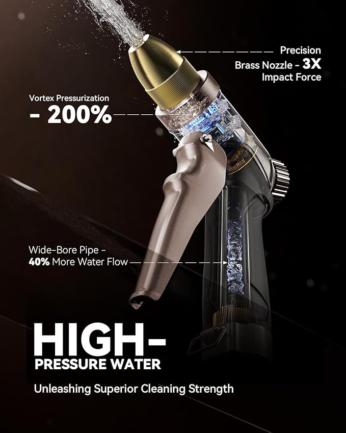 RAINPOINT Garden Hose Nozzle, 100% Heavy Duty Metal Hose Sprayer, High Pressure Water Hose Nozzle with Adjustable Spray Patterns and Flow Control for Watering Plants, Car Washing, Pet Washing, Brown