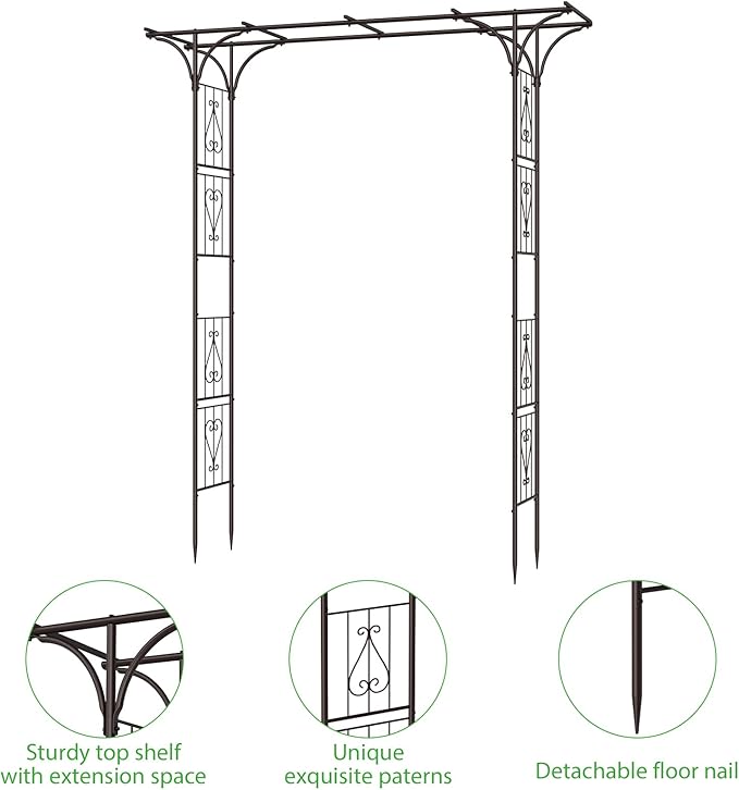OUSHENG 87in Garden Arbor, Metal Arch Trellis for Climbing Plants Outdoor, Steel Archway for Wedding Ceremony Party Christmas Decoration Decor Pergola Backyard Lawn, Brown