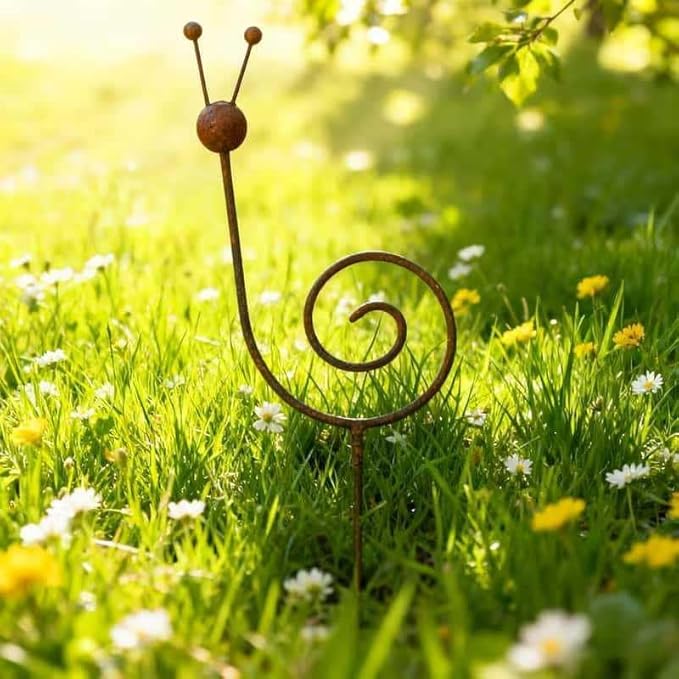 Rusty Metal Snail Garden Stake, 34.64 Inch Yard Art Sculpture, Outdoor Lawn Ornament for Patio, Porch, Backyard Decor (Bronze)