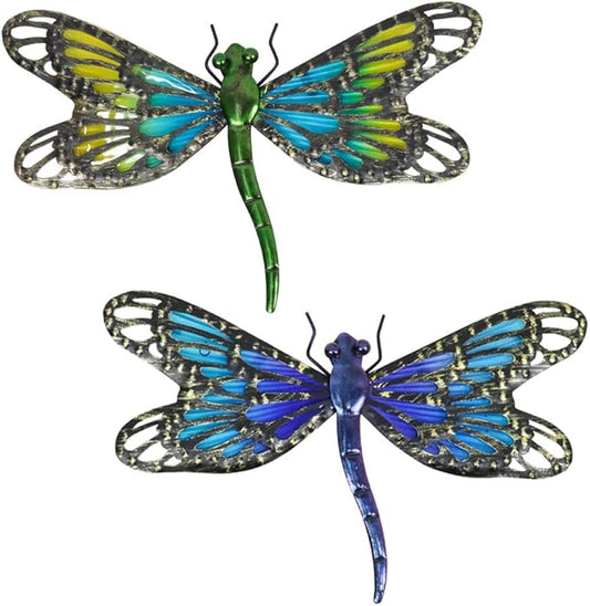 HONGLAND 2Pcs Metal Dragonfly Wall Decor Outdoor Dragonfly Wall Art Glass Sculpture for Home Garden Fence-Blue&Green